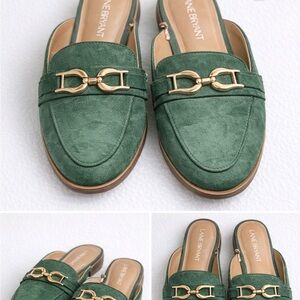 Lane Bryant Emerald Green Suede Mule Loafers with Gold Hardware